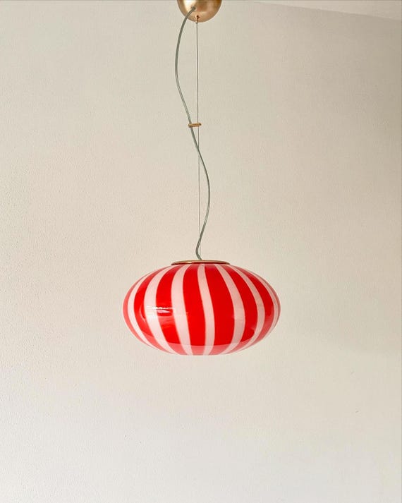 Lampada da soffitto FILIGRANA MURANO STRIPES rossa D33 ovale - realizzata a mano dai maestri vetrai di Murano - montatura oro