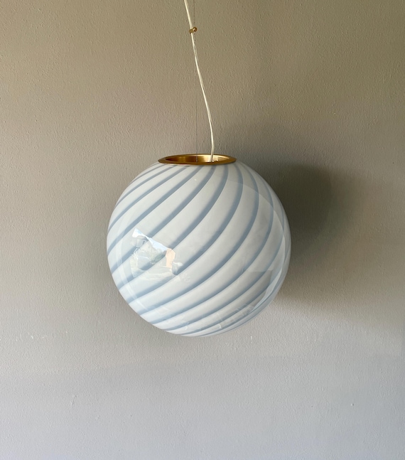 Lampada da soffitto grande CLOUD BLUE MURANO con vetro rigadin a spirale, montatura dorata