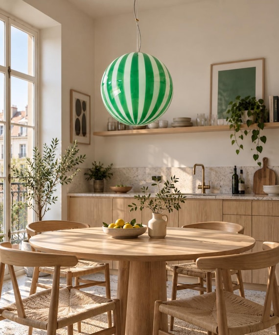 Lampada Filigrana Murano Stripes Verde - realizzata a mano dai maestri vetrai di Murano - sfera 40 cm