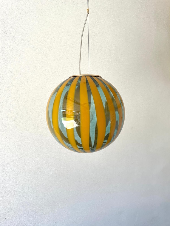 Lampadario in vetro di Murano TRASPARENZE verde con canne ambra/giallo di Effetre Murano, soffiato a bocca e lavorato a mano