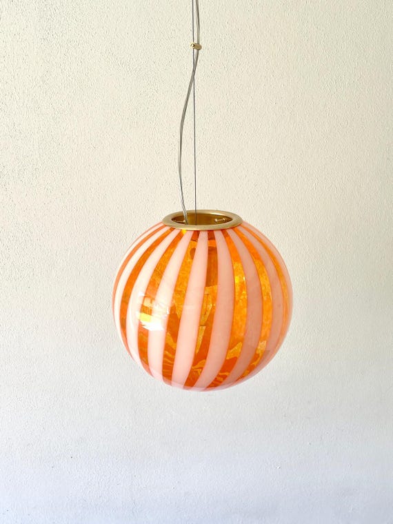 Lampadario in vetro di Murano TRASPARENZE arancio con canne bianche Effetre Murano, soffiato a bocca e lavorato a mano