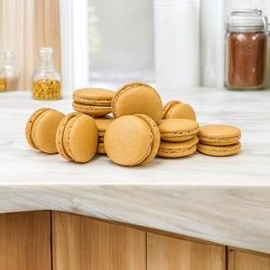 May include: A collection of golden-brown macarons, a French confection, are stacked on a white countertop. The macarons are round, with a smooth top and a slightly textured edge. Jars and bottles are in the background.