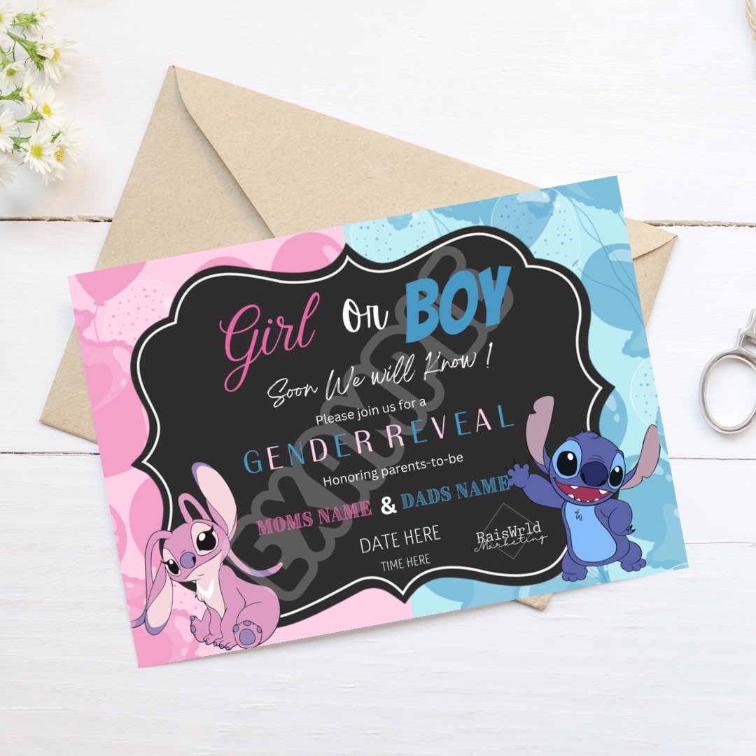 Stitch and angel Gender Reveal Invitation Printable DIY
