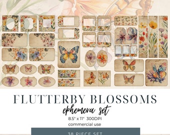 Shabby Butterfly Wildflower Junk Journal Ephemera Pack 38 Pieces, Spring Floral Vintage Instant Download Printable Bookmarks Scrapbooking