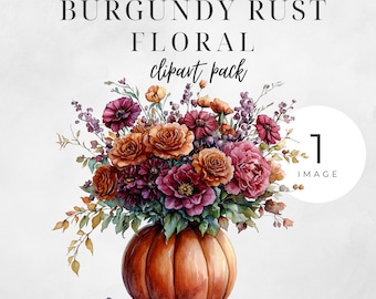 Burgundy And Rust Flower Clipart, SINGLE IMAGE Fall Pumpkin Floral Art, Autumn Commercial Use Graphic, Wedding Boho Digital Prints,300DPI