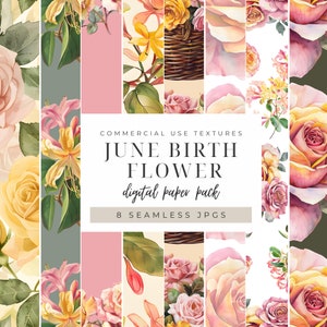 Papel digital sin costuras de flor de nacimiento de junio, gráficos de regalo florales amarillos rosados, patrones imprimibles de descarga instantánea, estacionario de madreselva rosa
