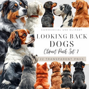 Dog Clipart From Back, Rear View Graphics Behind Family Member Portrait Watercolor Breeds DIY Gift Boxer Spaniel Pomeranian Instant Download
