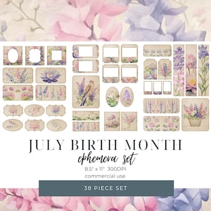 Juli Geburtsmonat Kunst Journal Ephemera Pack 38 Stück, Blumen Symbol Benutzerdefinierte Geburtstagsgeschenk Sofortiger Download Druckbare Lesezeichen Scrapbooking