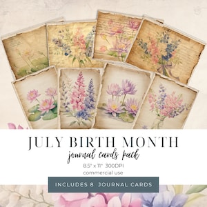 Cartoline del diario del mese di nascita di luglio, regalo di album stampabile di compleanno, download istantaneo del fiore di ninfea di Larkspur, vecchie cartoline vintage floreali