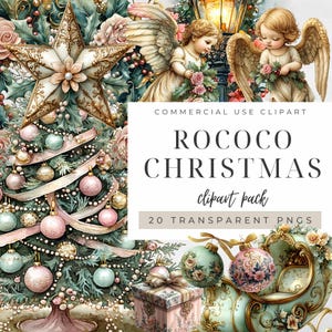 May include: A digital clipart pack featuring 20 transparent PNG images of Rococo Christmas elements. The images include a Christmas tree decorated with pink and green baubles, a carriage, angels, and a star.