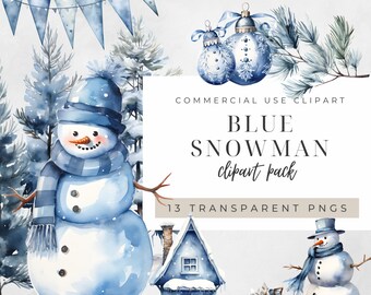 Snowmen Clipart,Blue Silver Watercolor Transparent Png,Winter Snow Commercial Use Bundle,Cute Christmas Holiday Kids Digital Prints,300DPI