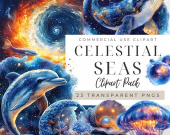 Under The Sea Clipart, Watercolor Ocean Animals Mermaid Whale Dolphin Coral PNG, Celestial Underwater Life Kids Party Decor Instant Download