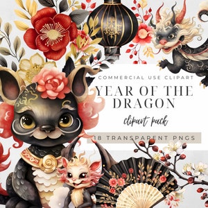 Year Of The Dragon Clipart, Gold Lucky Lunar New Year, Cute Red Black Dragon Commercial Bundle, Chinese 2024 Culture Graphic Prints, 300DPI