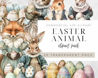 Vintage Easter Rabbit Clipart, Watercolor Spring Victorian Animal Print Png, Painted Egg Basket Commercial Bundle, Bunny Artwork Graphics