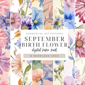 Papel digital sin costuras con flores de nacimiento de septiembre, gráficos florales de gloria de la mañana de aster, patrones imprimibles de descarga instantánea, papelería de jardín