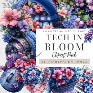 Floral Tech Clipart, blühende Blumen Technologie Computer Maus Stylus Art Aquarell Laptop Lautsprecher Handy Natur Sofort-Download