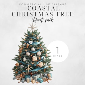 Coastal Christmas Tree Clipart, SINGLE IMAGE Festive Tropical Holiday Art, Sea Shell Beach Commercial Use Graphic, Art Digital Prints,300DPI