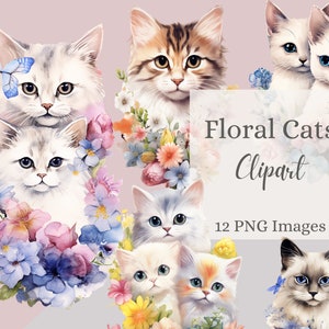 Floral Cat Clipart,Wildflower Kitty Digital Graphics Watercolor, Commercial Use Bundle,Transparent PNG,Junk Journal, Art Prints,300DPI