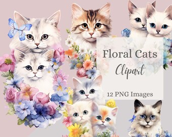 Floral Cat Clipart,Wildflower Kitty Digital Graphics Watercolor, Commercial Use Bundle,Transparent PNG,Junk Journal, Art Prints,300DPI