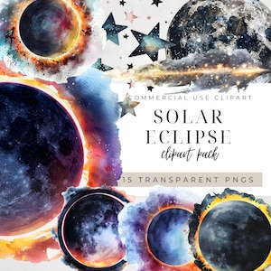 Può includere: Un pacchetto di clipart digitale di 15 illustrazioni di eclissi solari ad acquerello. Le immagini presentano una varietà di colori, tra cui blu, arancione, giallo e viola. Il testo "COMMERCIAL USE CLIPART SOLAR ECLIPSE clipart pack 15 TRANSPARENT PNGS" è visibile nell'immagine.