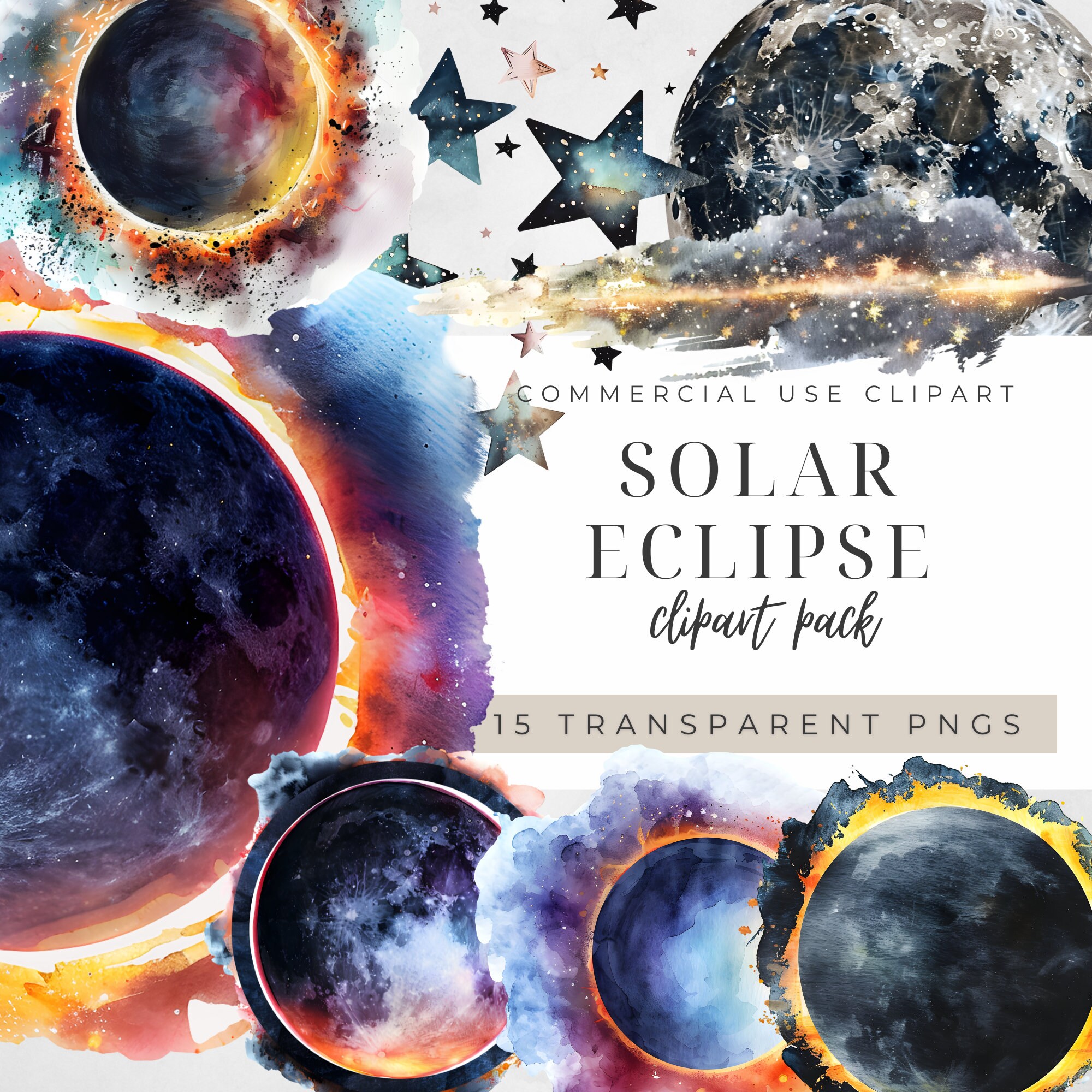 Solar Eclipse Clipart, Watercolor Sun Moon Comet Png, Starry Sky Art  Commercial Bundle, Path of Totality Astronomy April 8th Digital Set - Etsy, image size:2000x2000