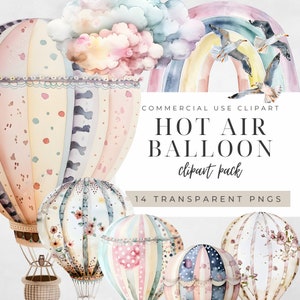 Heteluchtballon clipart, aquarel kinderkamer wolk decor png, Kids Rainbow Wall Art commerciële bundel, Boho retro vintage reisafbeeldingen
