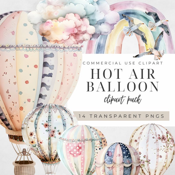 Hot Air Balloon Clipart, Watercolor Nursery Cloud Decor Png, Kids Rainbow Wall Art Commercial Bundle, Boho Retro Vintage Travel Graphics