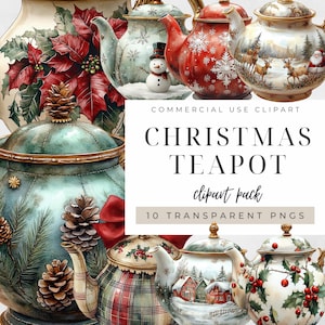 以下が含まれることがあります： クリスマスティーポットのクリップアート画像10点セット。ティーポットは、雪片、雪だるま、トナカイ、冬の風景など、さまざまなクリスマスのテーマで飾られています。ティーポットはすべてビンテージスタイルで、手描きのような外観です。  COMMERCIAL USE CLIPART CHRISTMAS TEAPOT clipart pack 10 TRANSPARENT PNGS