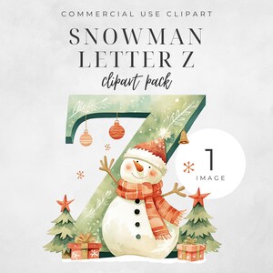 Christmas Alphabet Letter Z Clipart, SINGLE IMAGE Snowman Sublimation, Gift Tag Ornament Watercolor Winter Digital Download 300DPI