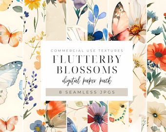 Butterflies and Wildflowers Digital Paper, Garden Botanical Seamless Graphics, Spring Boho Printable Patterns, Shabby Chic Backgrounds