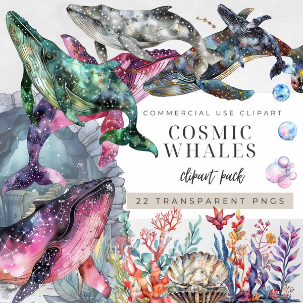 Cosmic Whale Clipart, Watercolor Undersea Mystical Png, Underwater Animal Baby Wall Art Commercial Bundle, Starry Nautical Decor Graphics