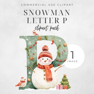Kerst alfabet letter P clipart, ENKELE AFBEELDING winterse sneeuwpop sjaal, Holly Berry vakantie boom kerstbal aquarel digitale download 300 DPI