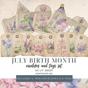 Envelopes e etiquetas para diário de arte do mês de nascimento de julho, kit de artesanato para impressão de nenúfar Larkspur, download instantâneo de Ruby Eagle, artesanato para presente de aniversário