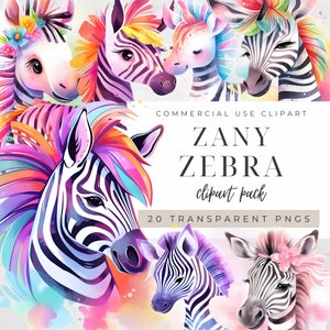 Quirky Zebra Clipart, Multi Color Cute Safari Animal Graphics, Jungle Zoo Commercial Bundle, Watercolor Colorful Zany Card Instant Download