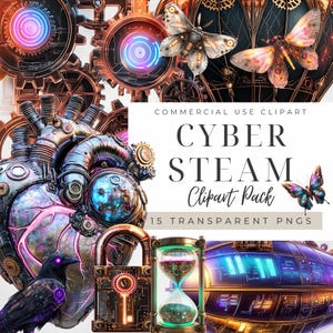 Cyberpunk Steampunk Clipart, futuristische PNG Vintage Grafiken Urban dystopischen Tech Sci Fi, Heart Lock Motte Libelle Brille Sofort Download