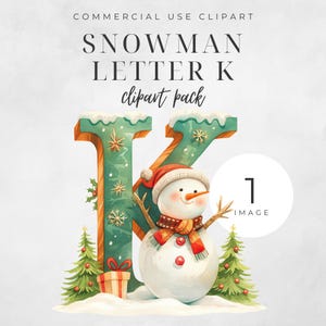 Alfabeto navideño Letra K Clipart, IMAGEN ÚNICA Muñeco de nieve divertido Invierno, Guirnalda Árbol de Navidad Regalo Acuarela Descarga digital 300 DPI