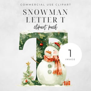 Kerst alfabet letter T clipart, ENKEL AFBEELDING muts sjaal sneeuwpop rood groen, aanwezig ornament aquarel digitale download 300 dpi