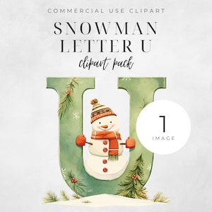 Kerst alfabet letter U clipart, ENKEL AFBEELDING muts sjaal sneeuwpop rood groen, aanwezig ornament aquarel digitale download 300DPI