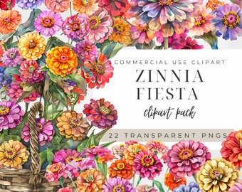 Zinnia Flower Clipart, Watercolor Vibrant Garden Floral Bouquet, Botanical Boho Summer Commercial Bundle, Colorful Orange Red Pink Graphics