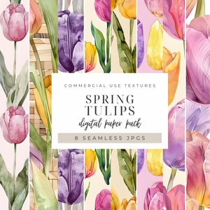 Spring Tulips Digital Paper, Spring Watercolor Floral Purple Pink, Delicate Yellow Easter Printable Pattern Bundle, Journal Page Backgrounds