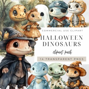 Halloween Dino Clipart, Cute Autumn Dinosaur Graphics, Spooky Witch Costume Commercial Bundle, Fantasy Jurassic Animal Instant Download