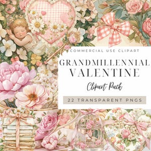Puede incluir: Un paquete de clipart digital con 22 imágenes PNG transparentes con un tema vintage de San Valentín. Las imágenes incluyen corazones, flores, pájaros, jaulas y otros elementos románticos en rosa, blanco y verde.