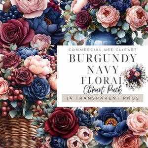 Burgundy And Navy Floral Clipart, Watercolor Rose Peony Wedding Bouquet, Png Elegant Invitation Design Premade Red Blue Instant Download