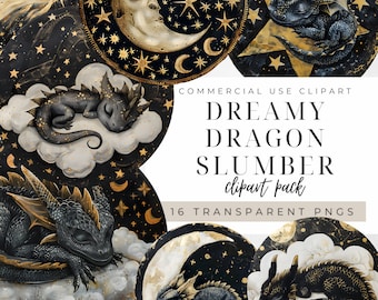 Sleeping Baby Dragon Clipart, Cute Fantasy Animal, Celestial Gold Vintage Moon Stars Commercial Bundle, Nursery Nighttime Instant Download