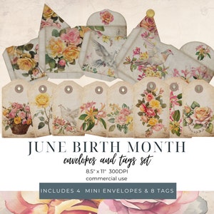 Juni Geburtsmonat Art Journal Umschläge und Tags, Rose Geißblatt druckbare Bastelpackung, rosa gelb Blumen sofort Download, Floral Scrapbook