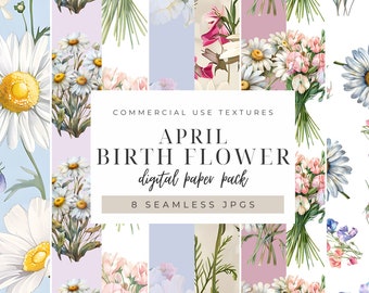 April Birth Flower Digital Paper, Spring Watercolor Daisy Sweet Pea, Birthing Flowers Printable Pattern Bundle, Journal Page Backgrounds
