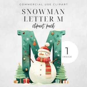 Kerst alfabet letter M clipart, één afbeelding feestelijke sneeuwpop sjaal, Holly vakantie boom cadeau aquarel digitale download 300 dpi