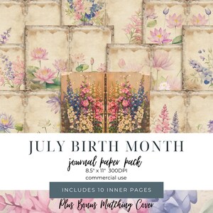Juli Geburt Monat Journal Papiere, Rittersporn Seerose Scrapbook Cover, Mixed Media Geburtstag Planner Kit, Instant Download Garten Memory Buch