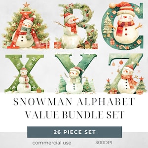 Snowman Alphabet Clipart VALUE BUNDLE, Doodle Letters PNG Christmas Winter Font, Let It Snow Vibes Printable Gift Tag Watercolor Sublimation