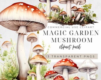 Imágenes prediseñadas de setas de jardín, Toadstool manchado mágico de acuarela, paquete de uso comercial del bosque natural, impresiones digitales del bosque de cuento de hadas, 300DPI